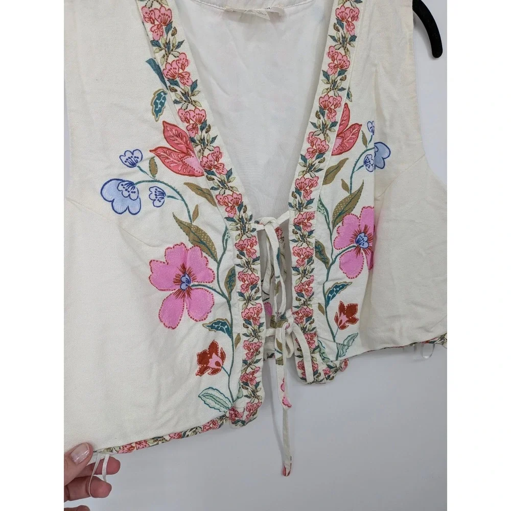 la lavon Vest Large Cream Floral Linen Blend Tie Front Crop Top Cottagecore Boho